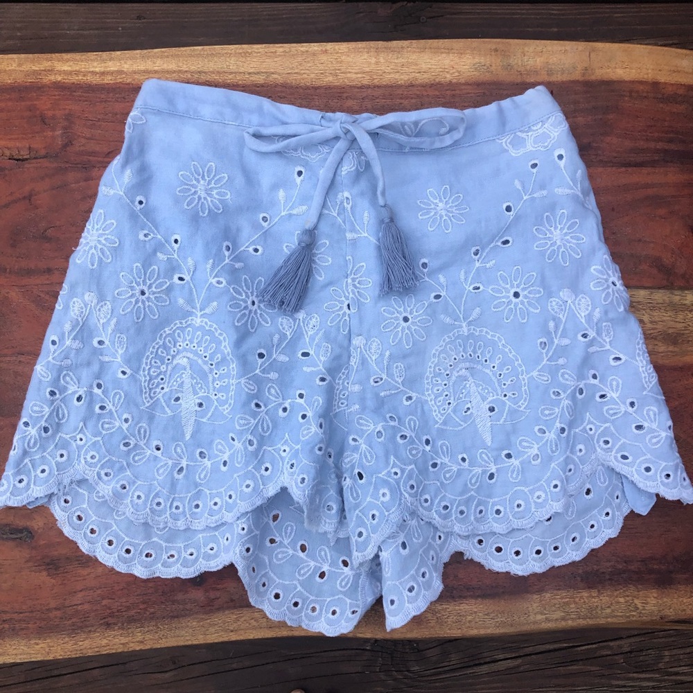 Spell Light Blue Embroidered Scallop-Hem Shorts